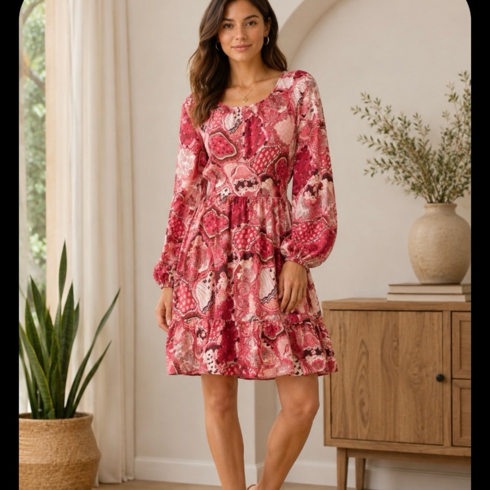 Long-Sleeve Pink Patchwork Print  Mini Dress 100 percent organic cotton